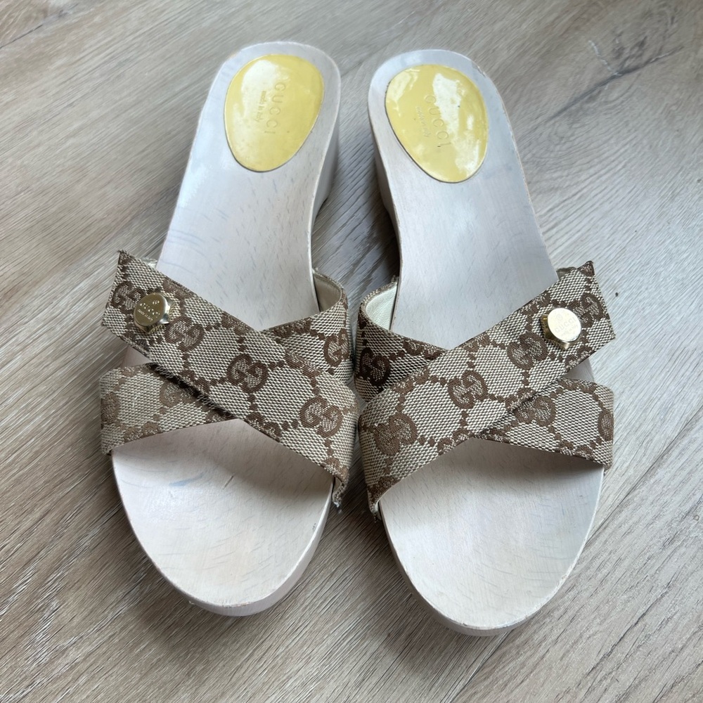 Gucci Beige GG Canvas Cross Strap Wooden Sandal/Clog.
